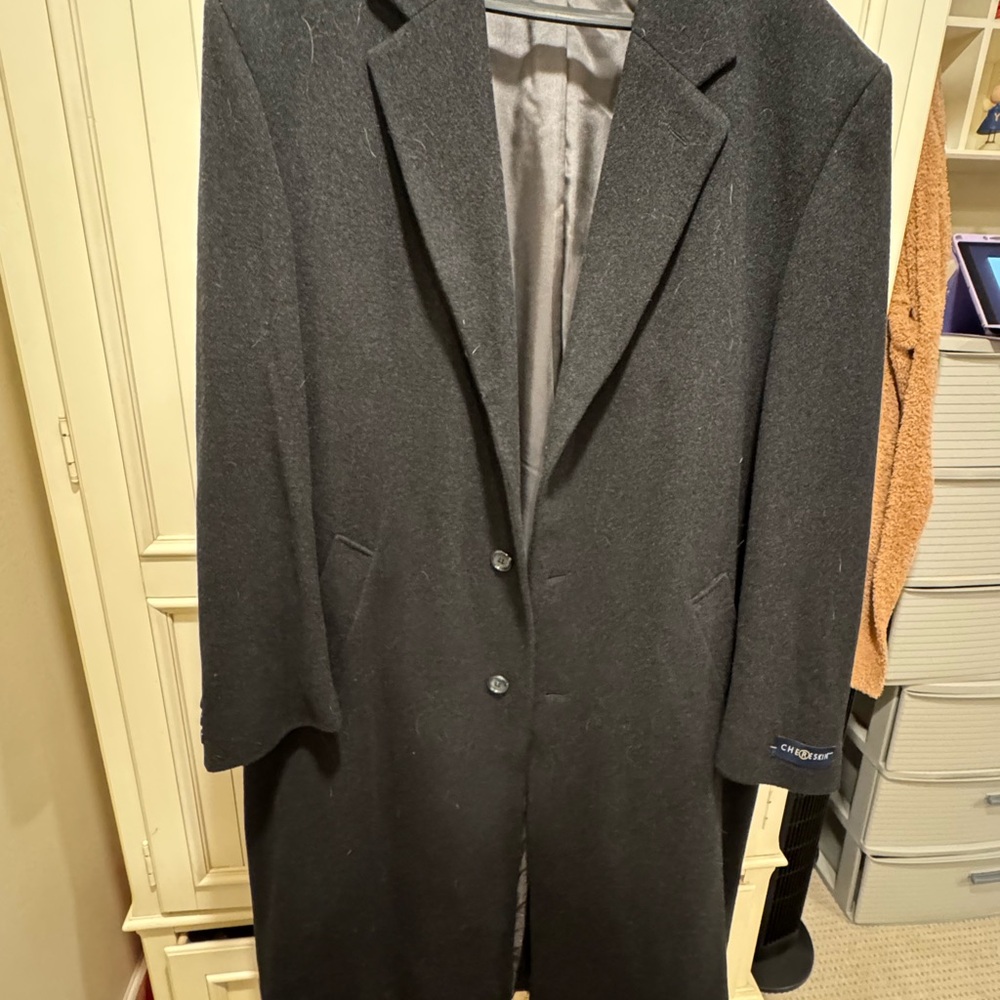 Chereskin Black Heather Wool/Cashmere Blend Overcoat, Size 44L, New